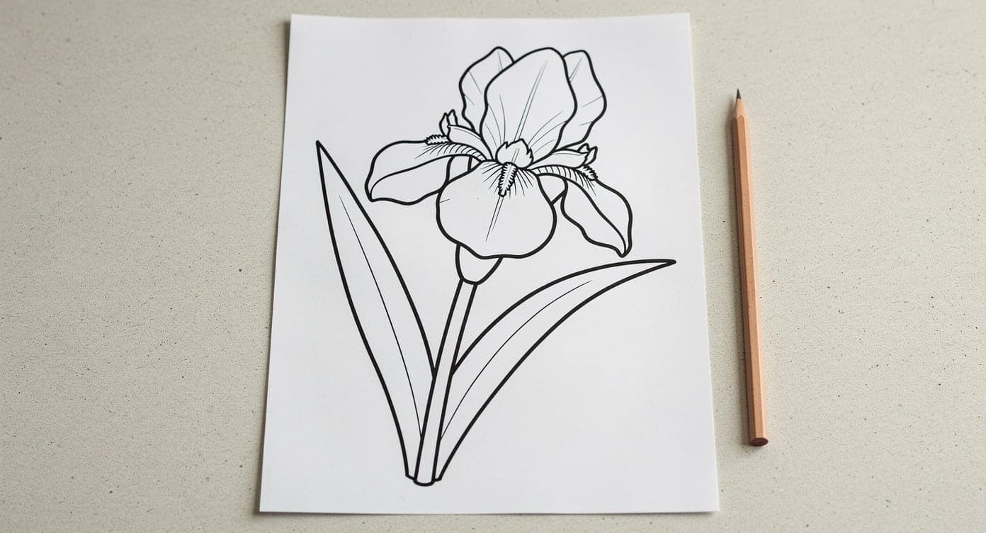 Full adult large-print iris coloring page with bold outlines beside a plain full-length colored pencil for scale