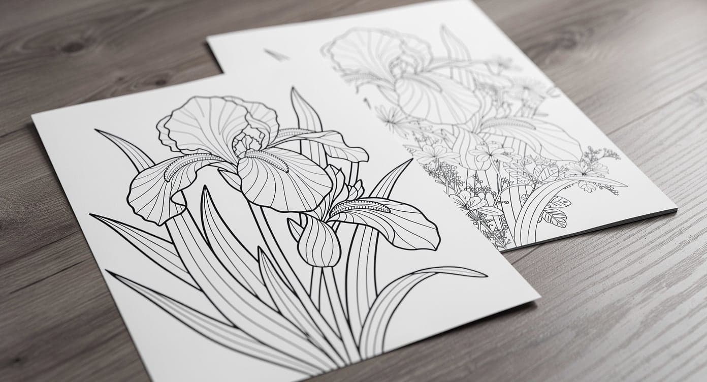 Bold iris coloring page in the foreground with a finer and denser botanical page behind it