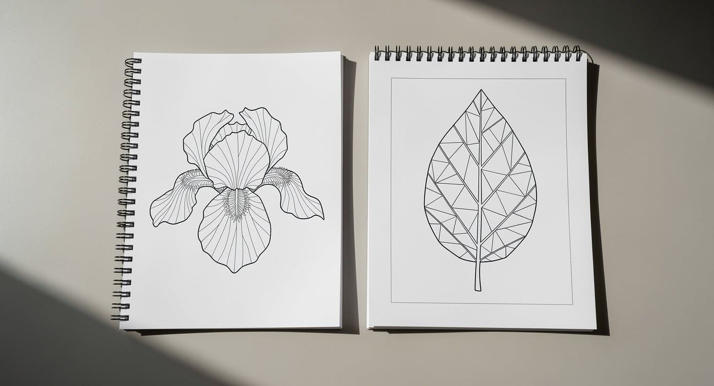 Side-coil iris coloring book beside a top-coil geometric leaf coloring notebook