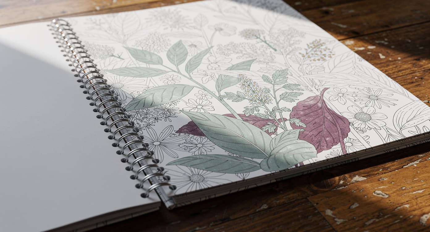 Natural-light close view of an adult spiral coloring book lying flat with a partly colored botanical page