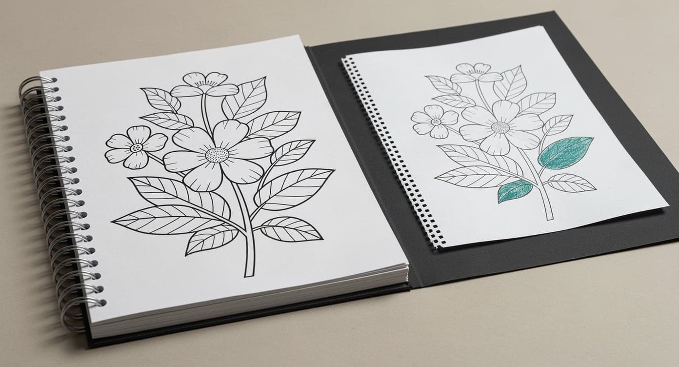 Open spiral flower coloring book beside a detached perforated floral page on a dark backing board