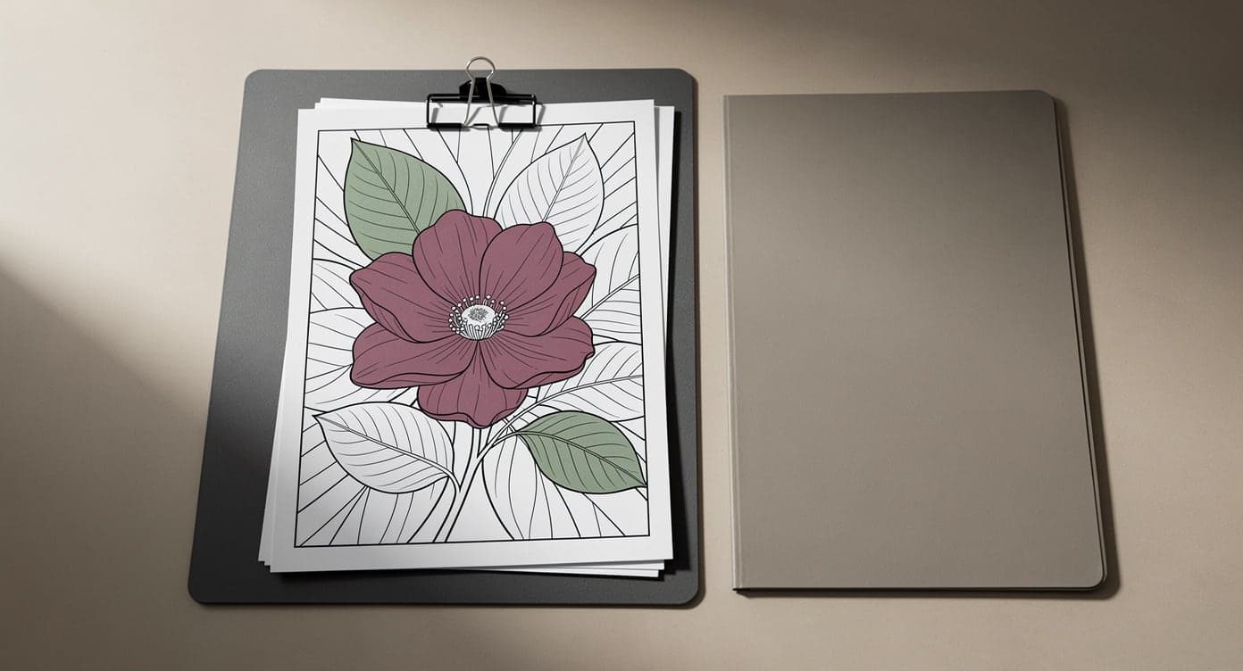 Partially colored bold flower page clipped to a board beside a plain closed portfolio folder