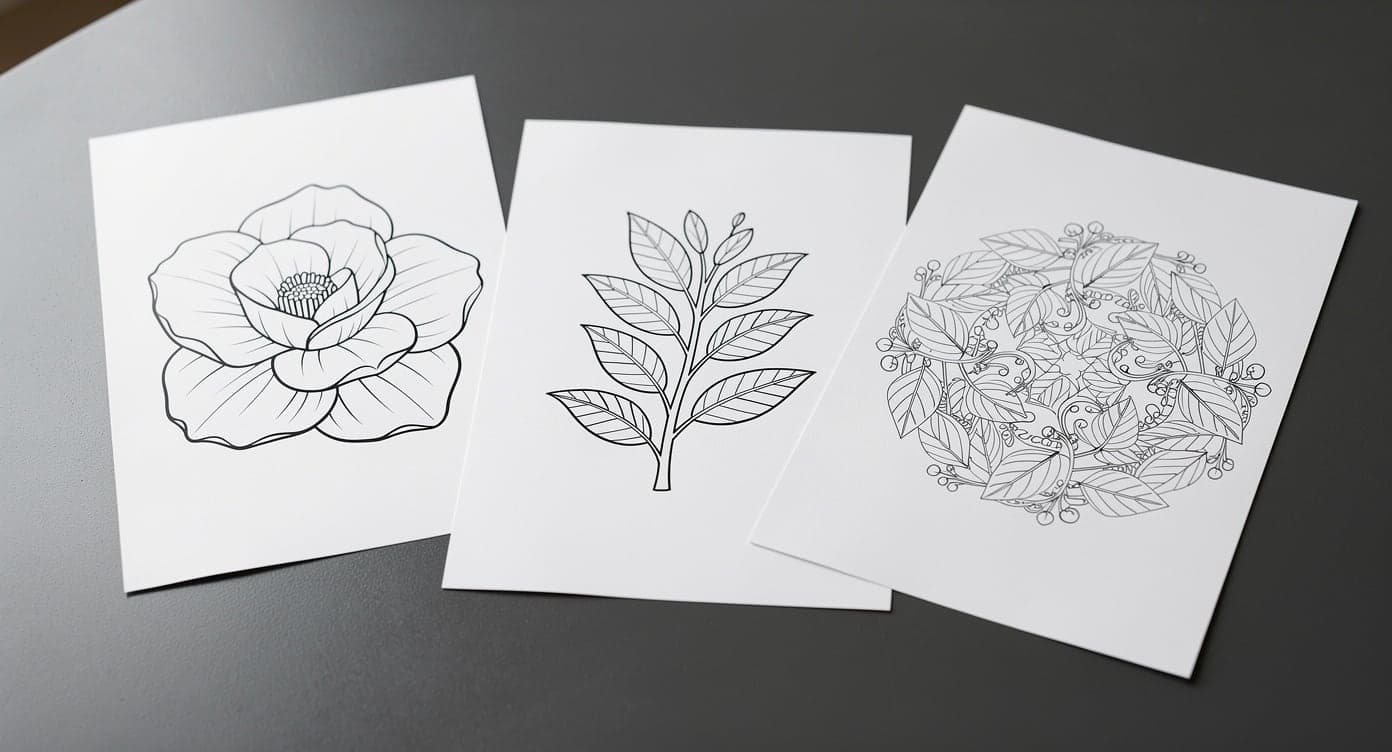 Three adult coloring page crops showing a bold flower, a medium-detail leafy branch, and a more detailed botanical circle