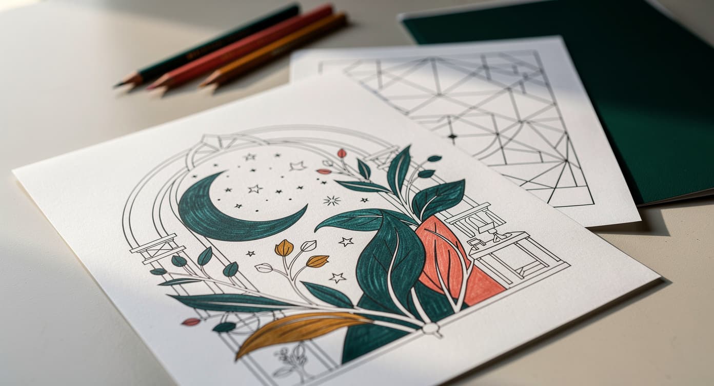 Mature teen creative-break coloring page with crescent moon, botanicals, geometric line art, and colored pencils