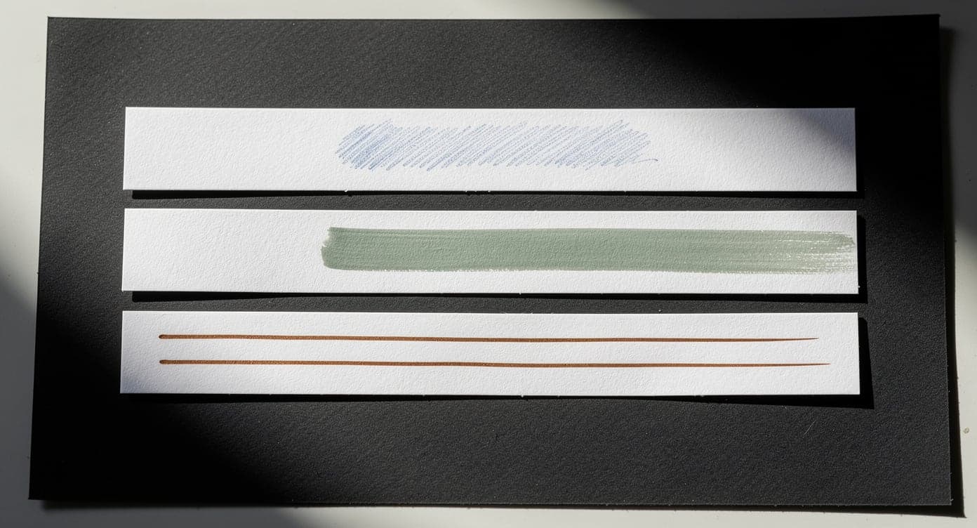 Three paper strips showing colored-pencil grain, a water-based marker band, and fine gel-pen lines