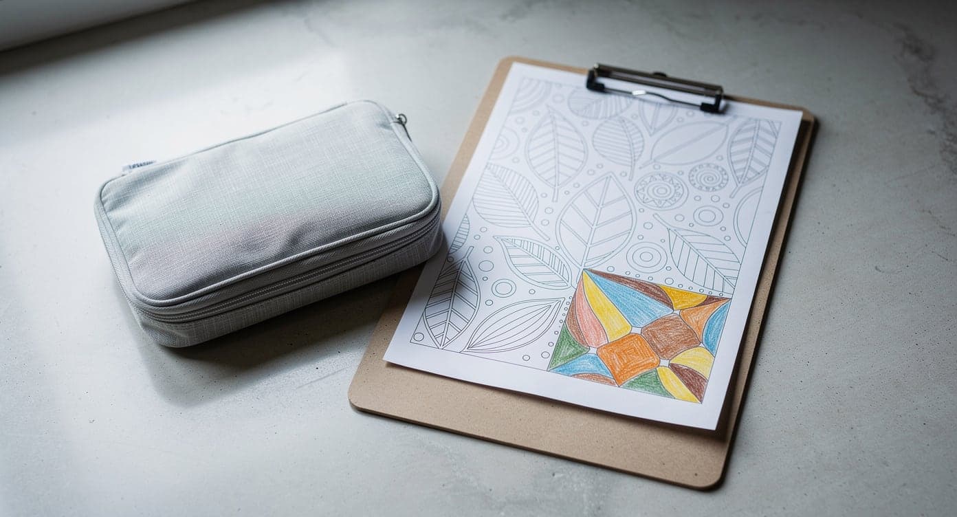 Teen-friendly leaf pattern on a clipboard with one colorful corner complete beside a closed fabric pencil case