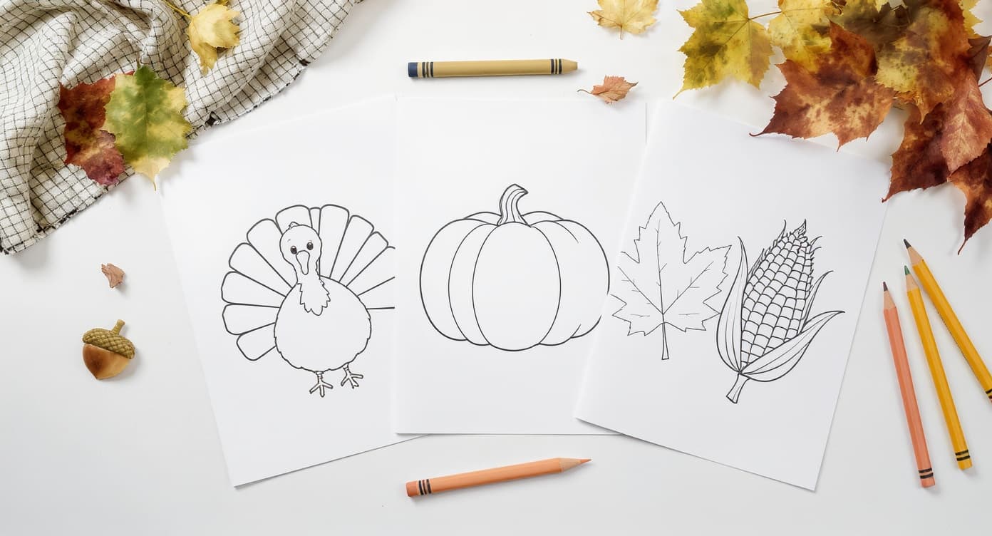 Thanksgiving printable coloring pages for kids with simple turkey, pumpkin, corn, leaf, acorn, crayons, and autumn leaves