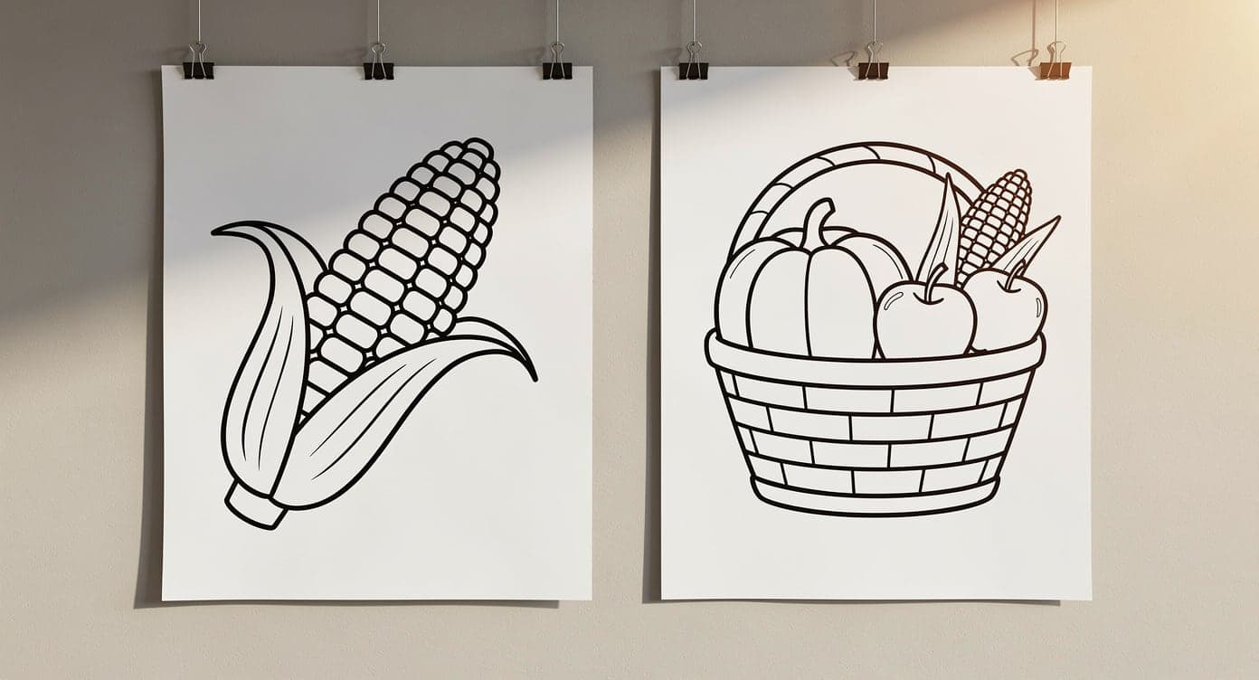 Bold corn coloring page beside a medium-detail harvest basket page clipped to a board