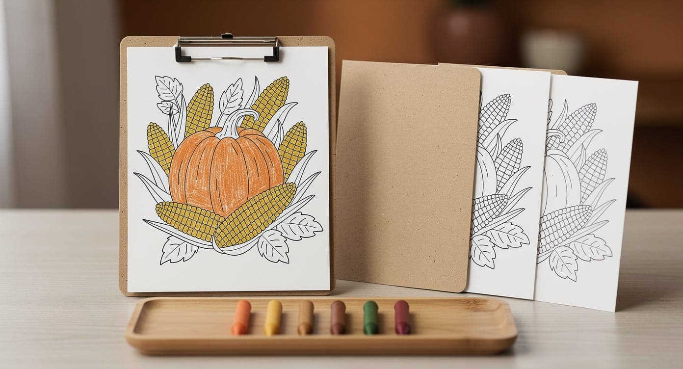 Partially colored harvest page on a board beside matching clean copies in a plain folder and a small crayon tray