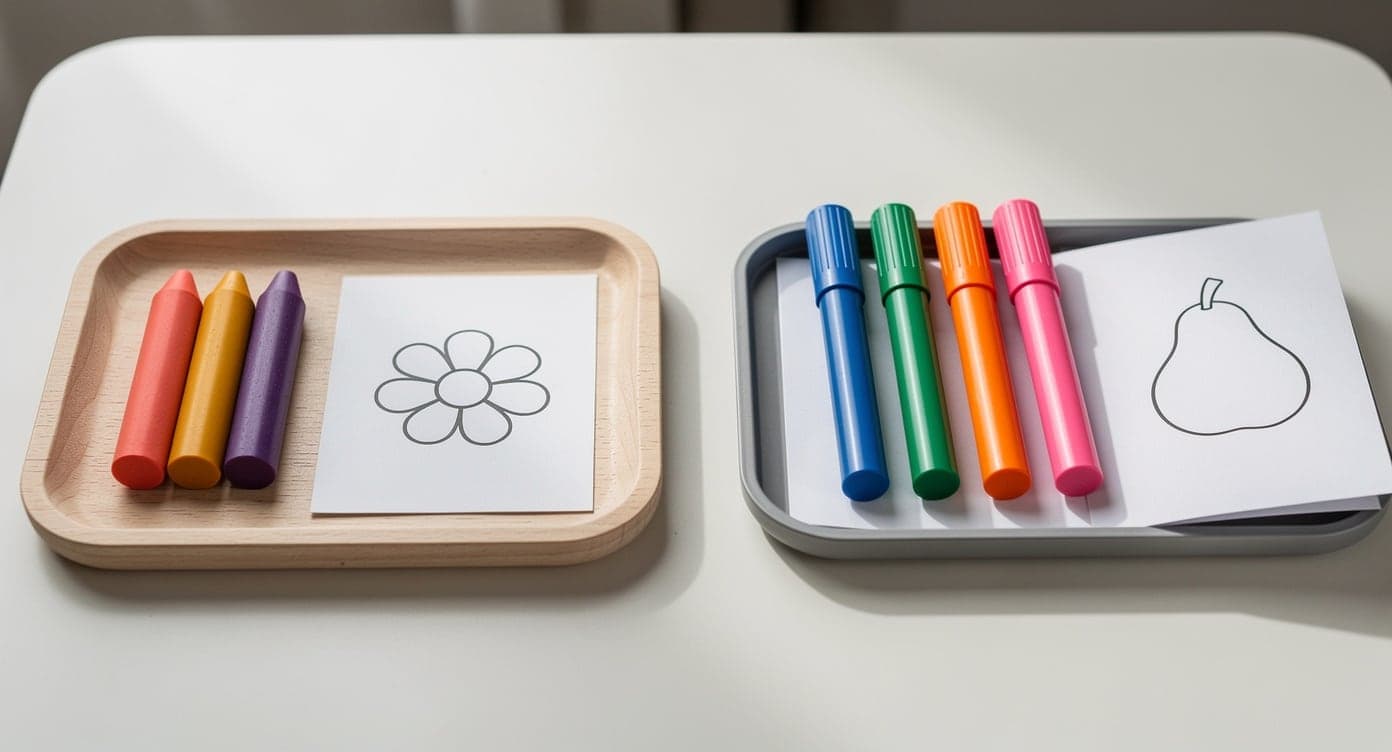 Contained thick crayons beside a simple page and fully capped chunky markers beside a backed large-shape page