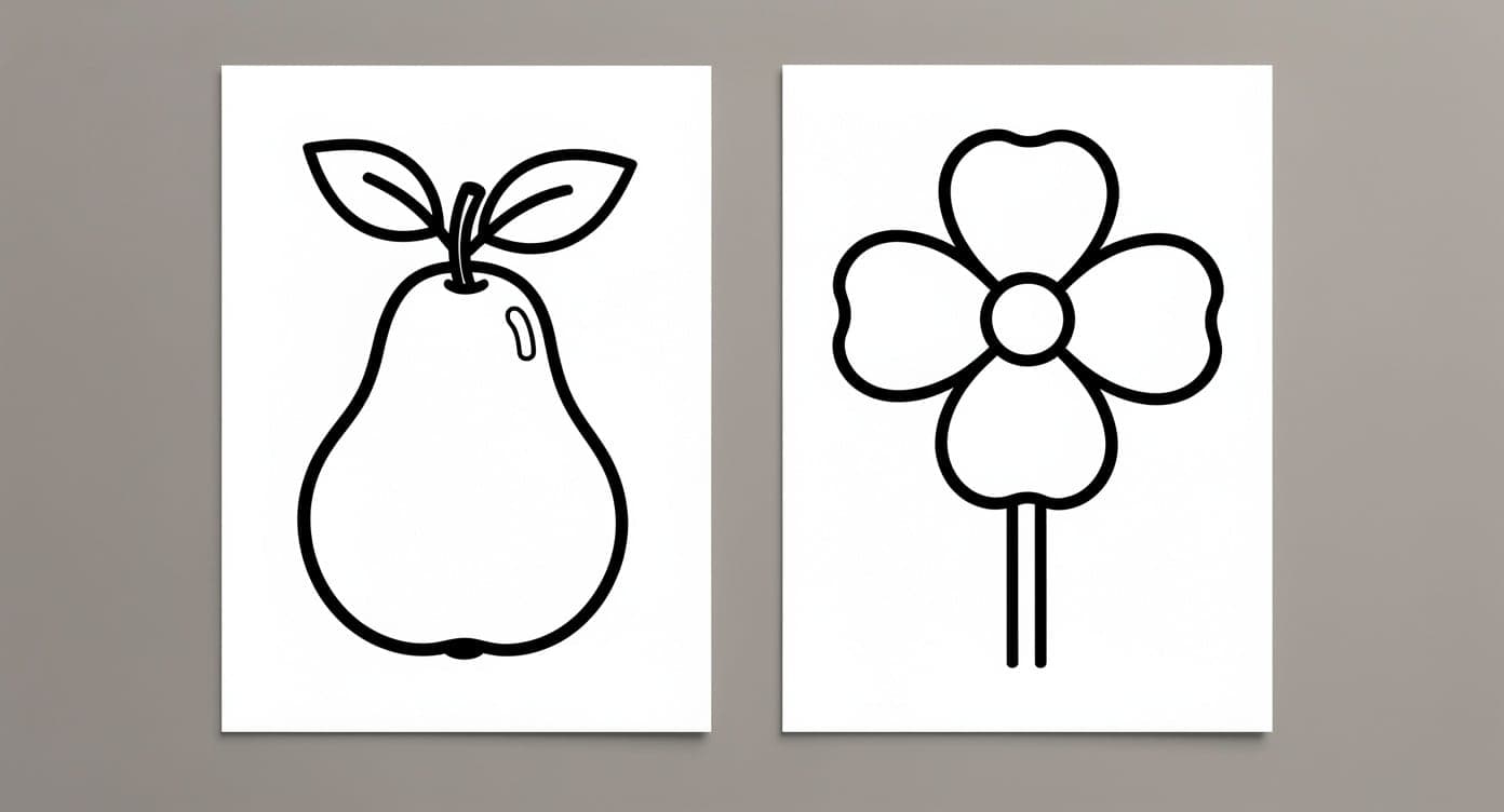 Two toddler coloring pages showing one large pear and one broad five-petal flower with bold outlines