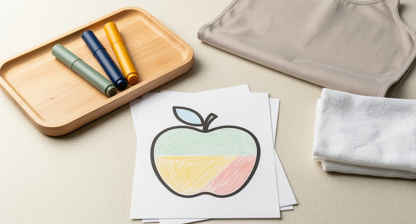 Three chunky capped washable markers with a simple apple coloring page, art smock, and cleanup cloth