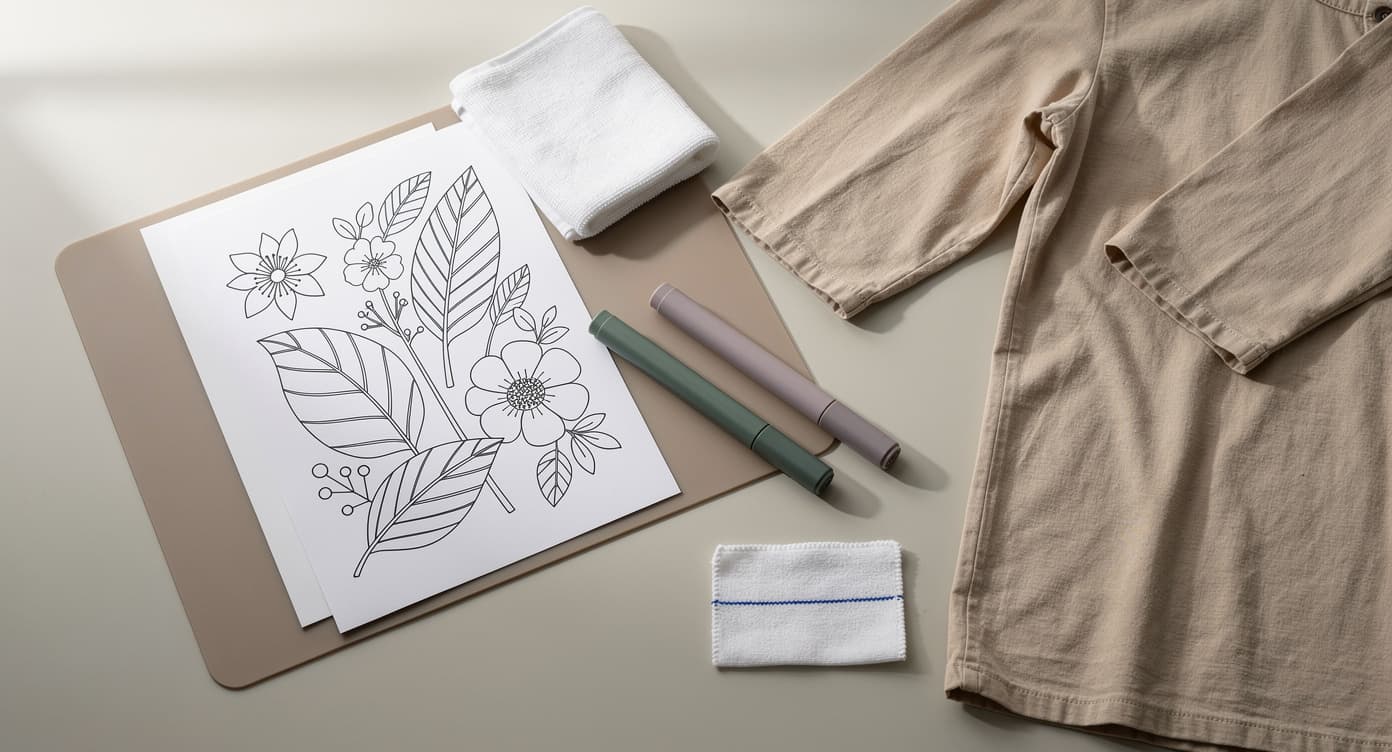 Clothing-protection setup with a cotton smock, capped washable markers, coloring page, and test cloth