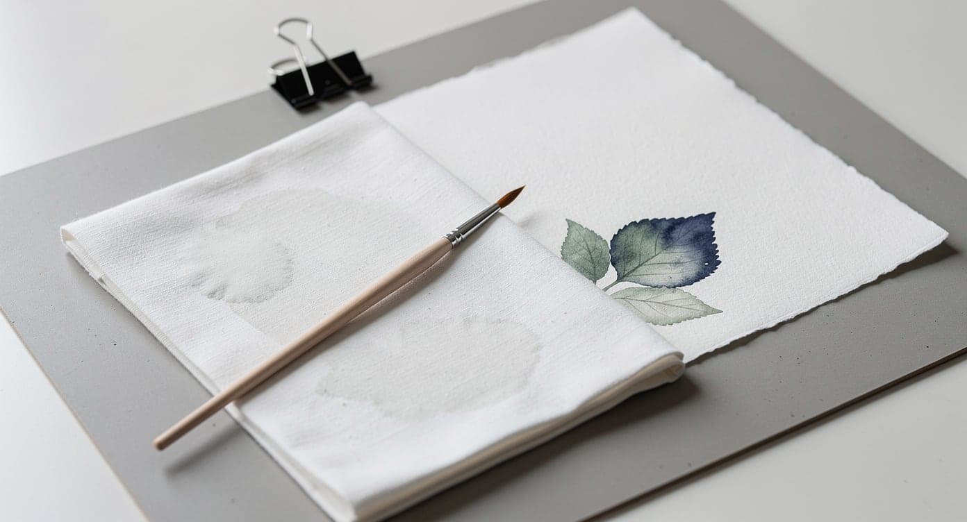 Fine round brush resting across a folded white cloth beside a clipped botanical page with a small muted blue and green wash