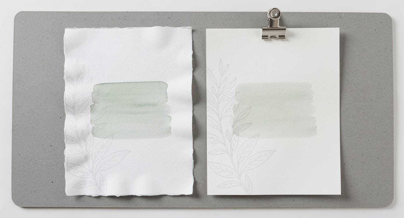 Two botanical test sheets with similar pale green washes, one gently wavy and one clipped flat to a gray board