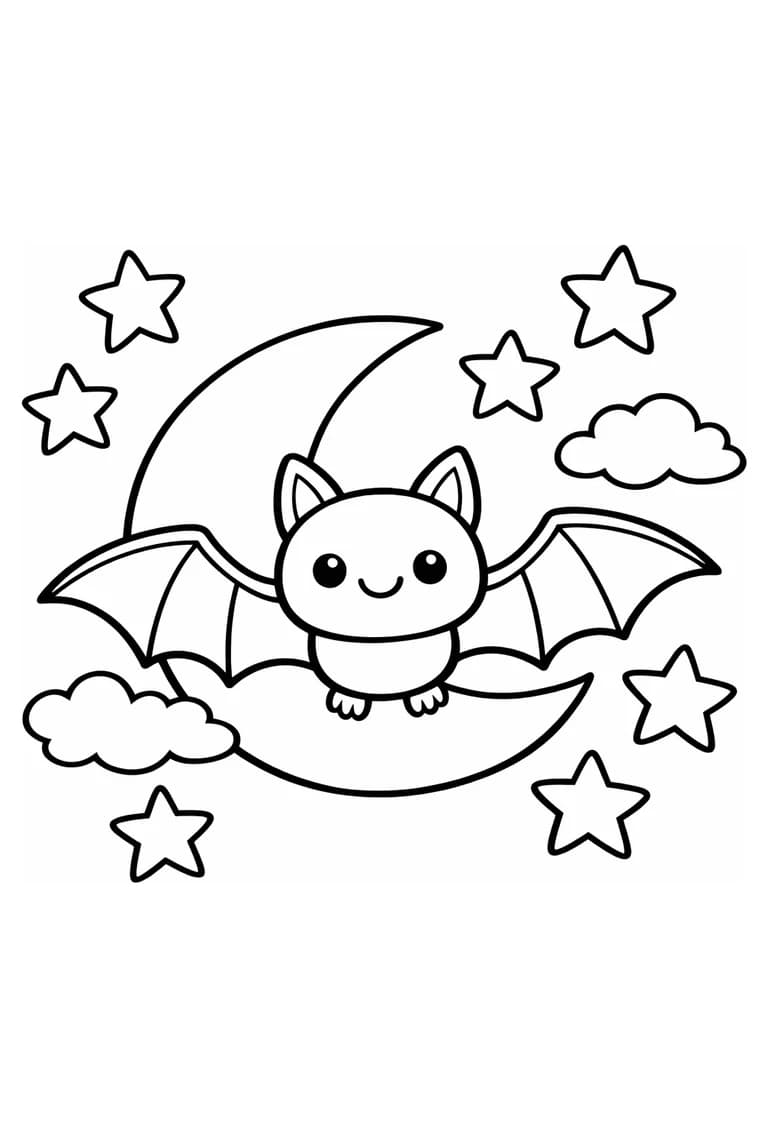 Uncolored friendly bat flying across a crescent moon with large stars and simple clouds