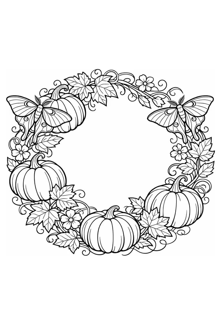 Uncolored botanical Halloween wreath with three pumpkins, autumn leaves, flowers, vines, and two moths