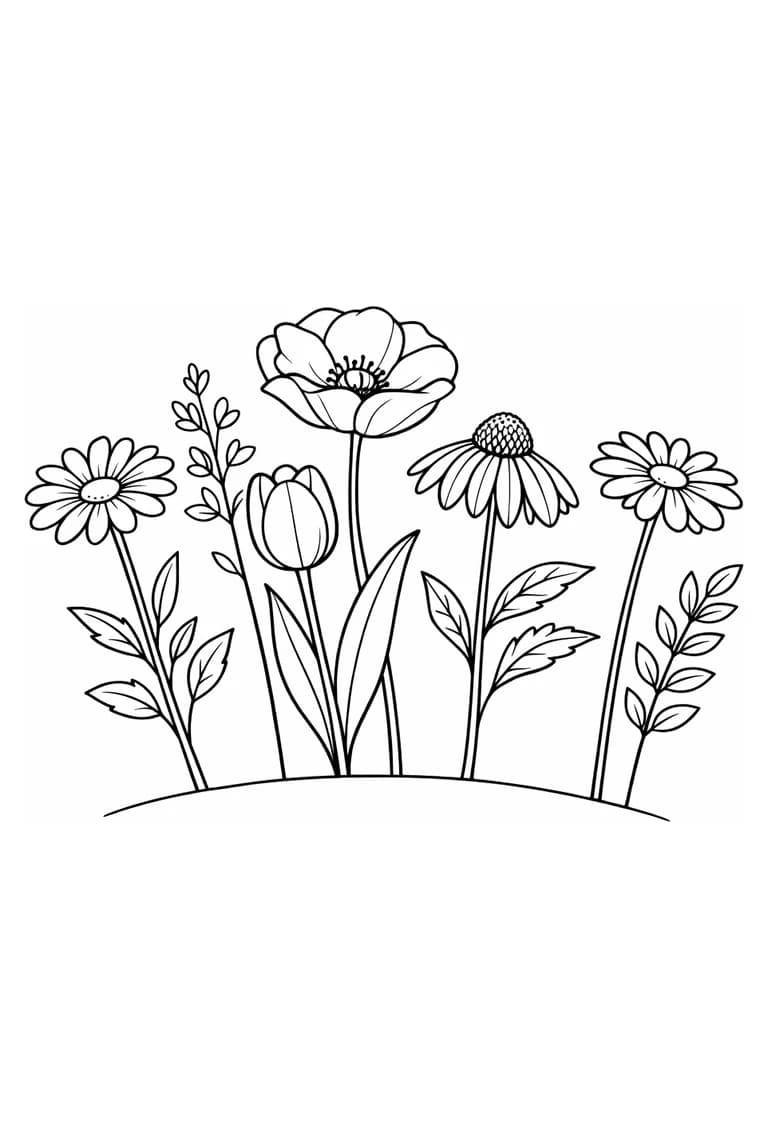 Uncolored botanical page with seven tall wildflower and leafy stems