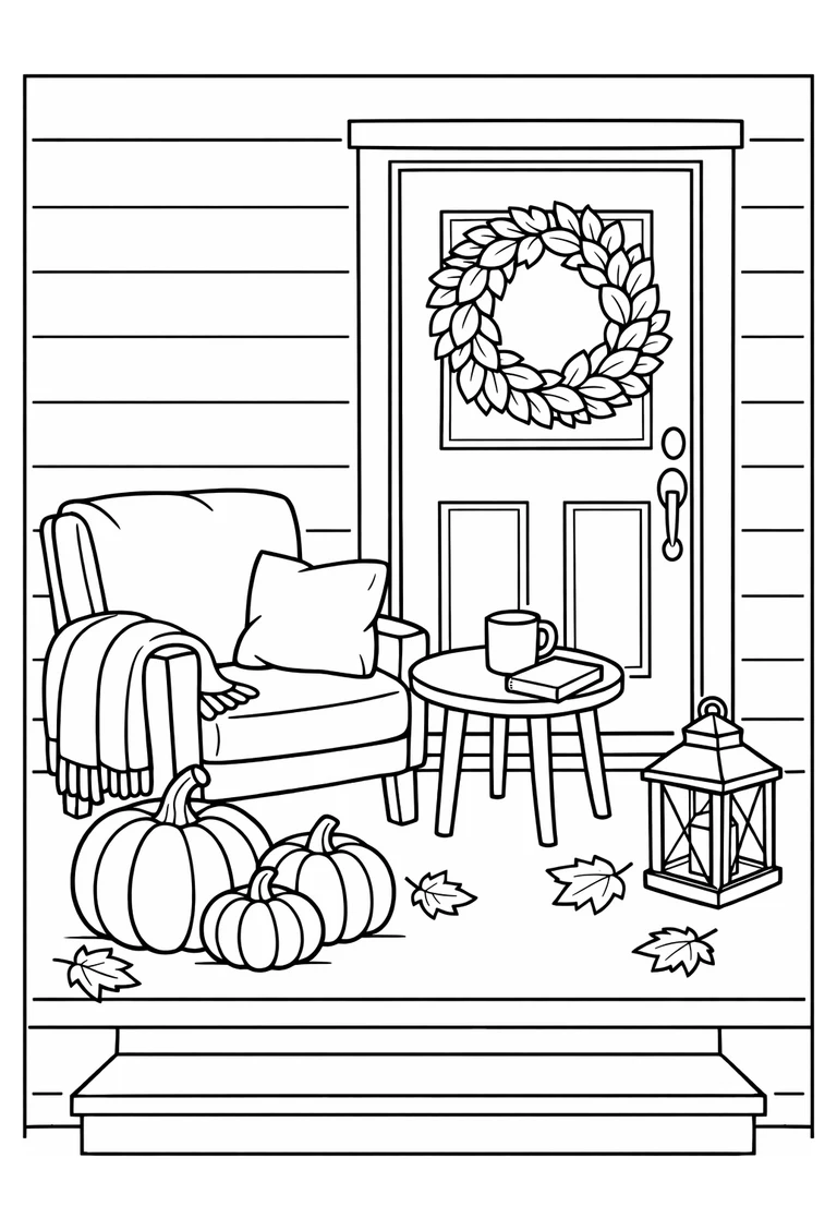 Uncolored cozy Halloween porch with an armchair, throw, table, mug, book, pumpkins, lantern, wreath, and leaves