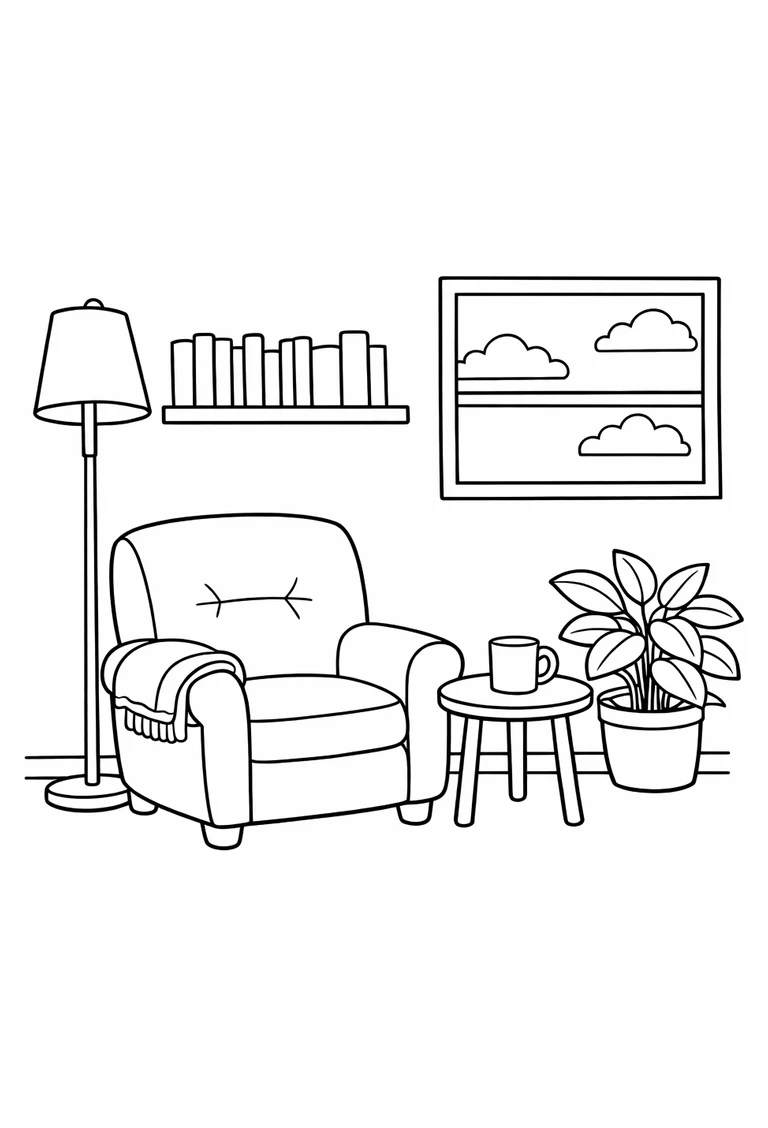 Uncolored cozy reading nook with an armchair, lamp, books, window, mug, table, and plant