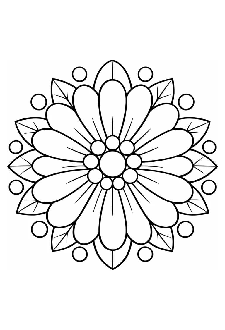 Uncolored easy floral mandala with broad petals, leaves, and round accents