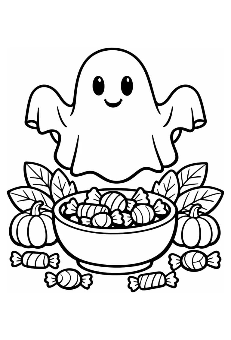 Uncolored friendly ghost behind a candy bowl with wrapped treats, two pumpkins, and autumn leaves