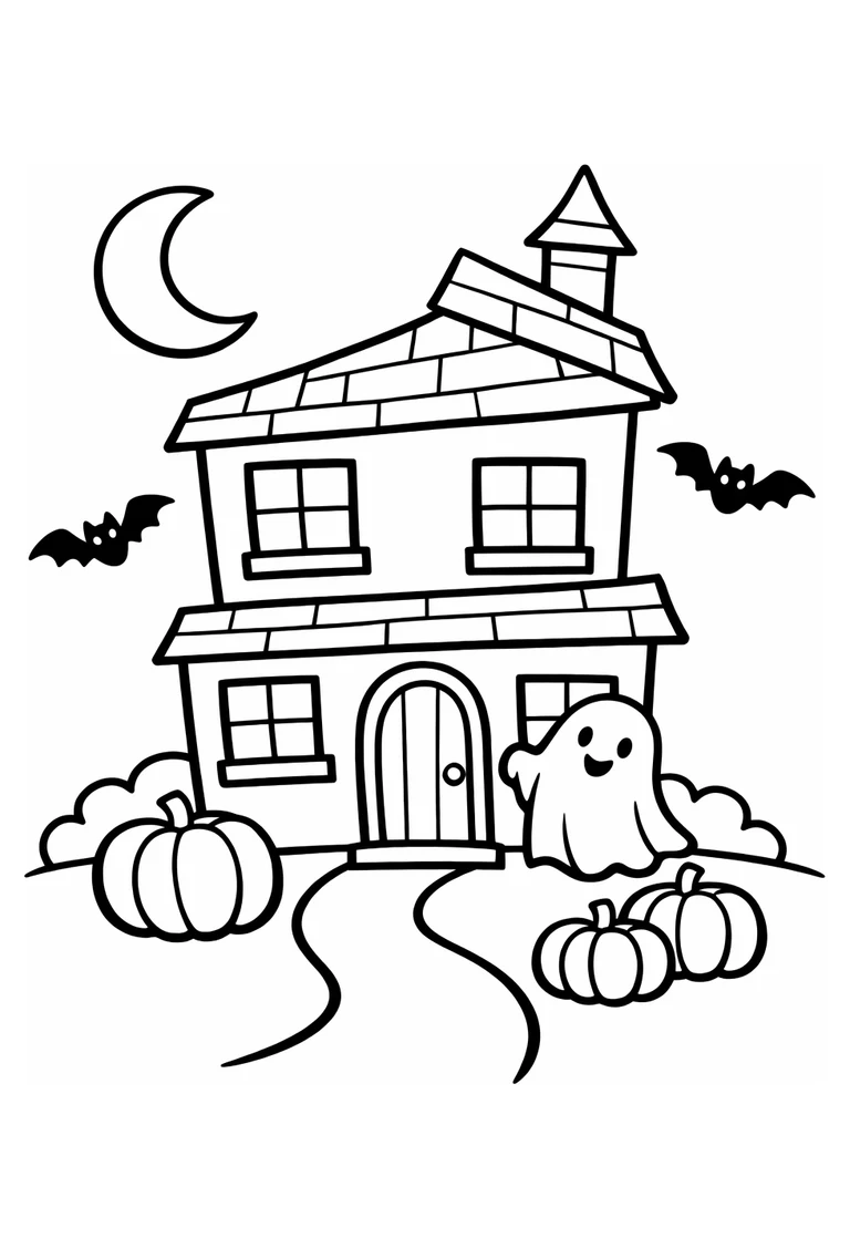 Uncolored friendly haunted house with a smiling ghost, three pumpkins, two bats, crescent moon, and curved path