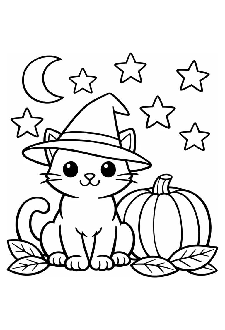 Uncolored friendly Halloween cat in a pointed hat beside a pumpkin, crescent moon, stars, and leaves