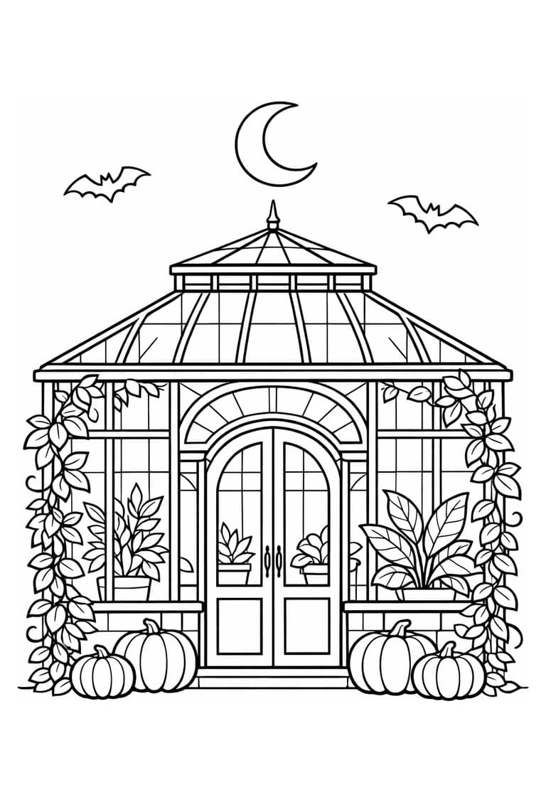 Uncolored Halloween glass greenhouse with an arched door, climbing plants, pumpkins, crescent moon, and two bats
