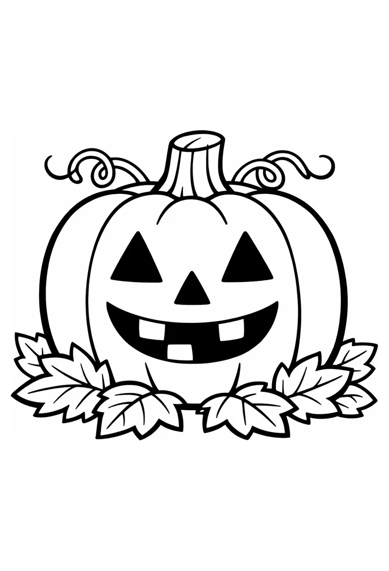 Uncolored friendly jumbo jack-o-lantern with a smiling face, curling vines, and broad autumn leaves