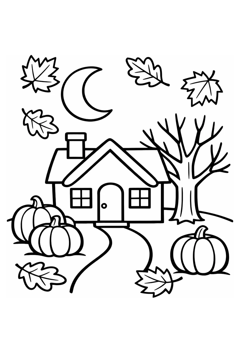 Uncolored large-print moonlit cottage with a crescent moon, pumpkins, bare tree, path, and broad autumn leaves