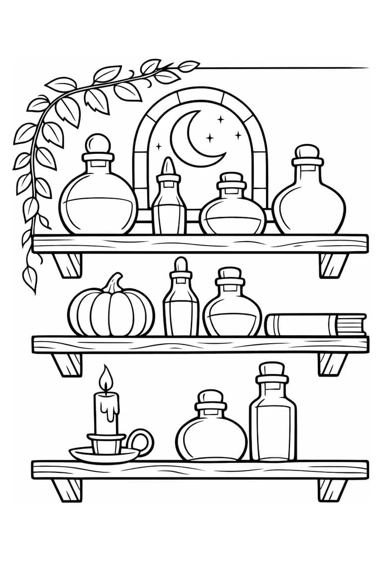 Uncolored moonlit apothecary scene with three shelves, plain bottles, a pumpkin, candle, book, vine, and crescent moon window