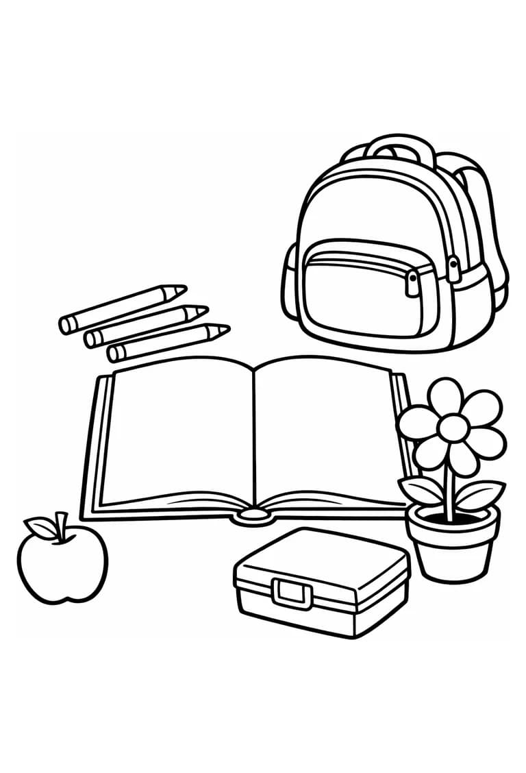 Uncolored school supplies with a backpack, open notebook, pencils, apple, lunch box, and potted flower