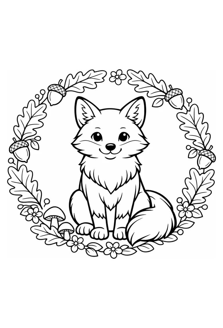 Uncolored friendly woodland fox inside an oak leaf, acorn, mushroom, and flower wreath